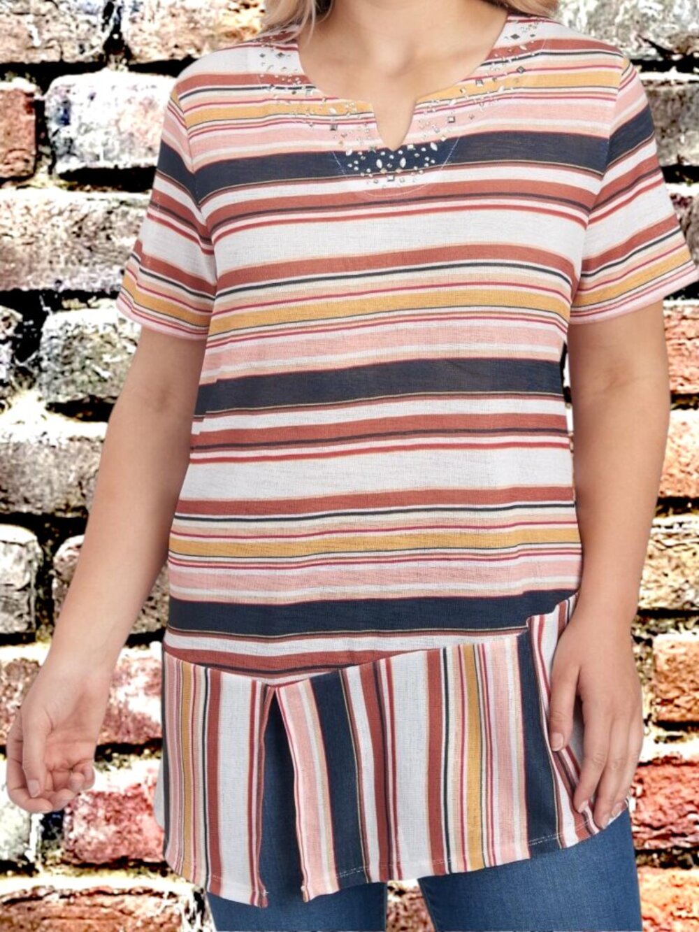 NWT Onque Casual Top Blouse Shirt Tunic Womens 2X Stripes Embellished Multi FALL